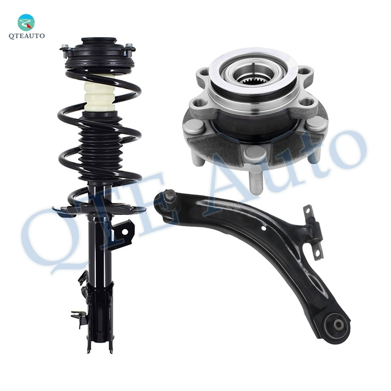 Set of 3 Front Left Lower Control Arm Ball Joint-Wheel Hub Bearing Assembly-Quick Complete Strut-Coil Spring Assembly For 2008-2012 Nissan Rogue AWD