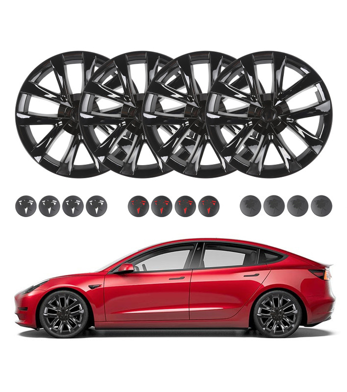 Set of 4 Gloss Black Snap On Hubcap Wheel Rim Skin Covers for 2017-2023 Tesla 3 Except Highland