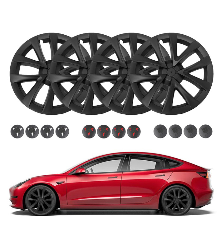 Set of 4 Matte Black Snap On Hubcap Wheel Rim Skin Covers For 2017-2023 Tesla 3 18 inch Wheel