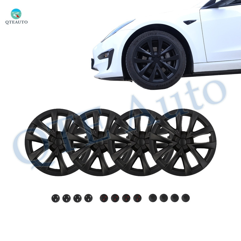 Set of 4 Matte Black Snap On Hubcap Wheel Rim Skin Covers For 2017-2024 Tesla 3 18 inch Wheel