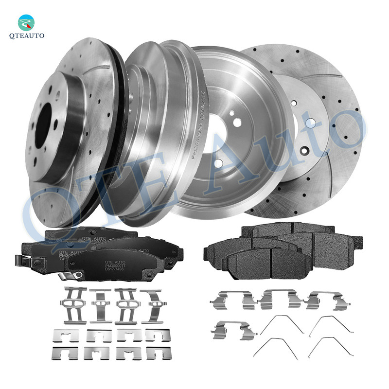 Set of 12 Front 262mm-Rear 200mm Drilled Slotted Brake Disc Rotors-Ceramic Brake Pad Kit For 2002 2003 2005 Honda Civic