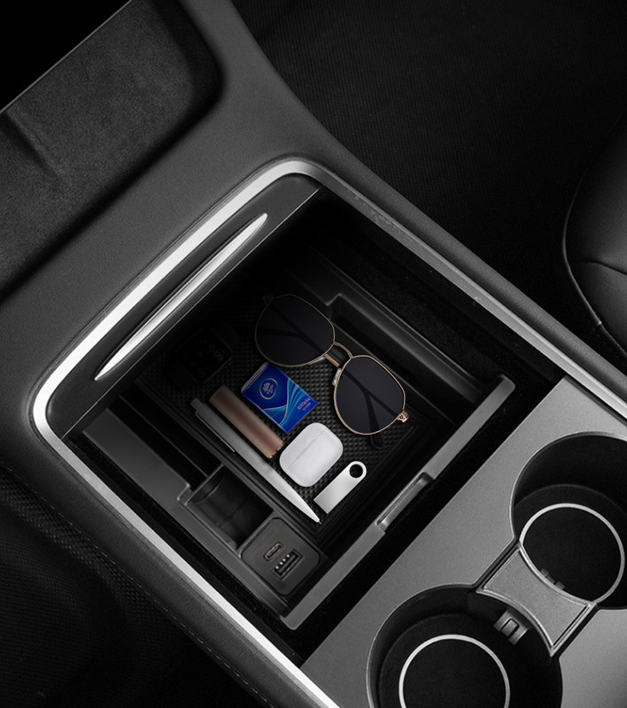 Center Console Organizer Tray Storage Box With USB & Type-C To 2021 2022 2023 2024 Tesla model Y  Storage Box ABS Material For Glasses,Credit Cards,Small Change