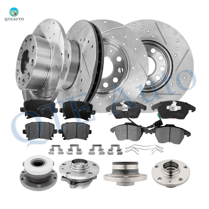 Set of 16 Front 288mm-Rear 260mm Drilled Slotted Brake Disc Rotors-Wheel Hub Bearing Assembly-Ceramic Brake Pad Kit For 2010 Volkswagen Jetta