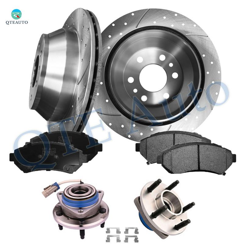 Set of 8 Front 303mm Drilled Slotted Brake Disc Rotors-Wheel Hub Bearing Assembly-Ceramic Brake Pad Kit For 2000 2001 Buick Lesabre 16" Wheels