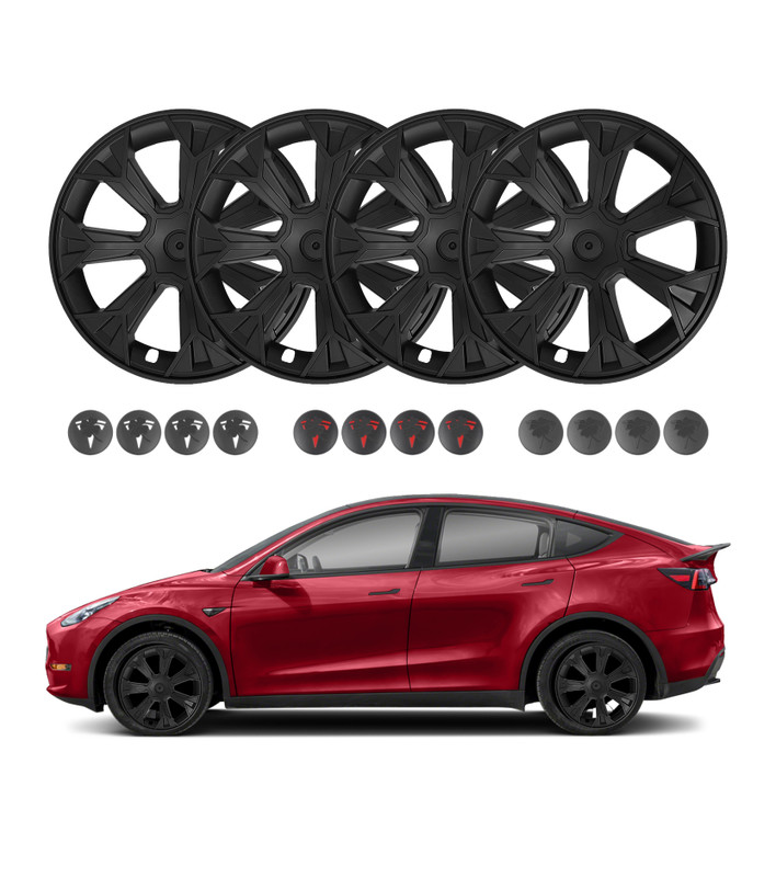 Set of 4 Wheel Covers Tomahawk Hubcaps Matte Black For 2020-2025 Tesla Y 19 inch