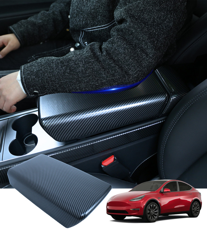 Matte Finish Black Carbon Fiber Pattern Armrest Cover For 2017-2023 Tesla 3 Except Highland