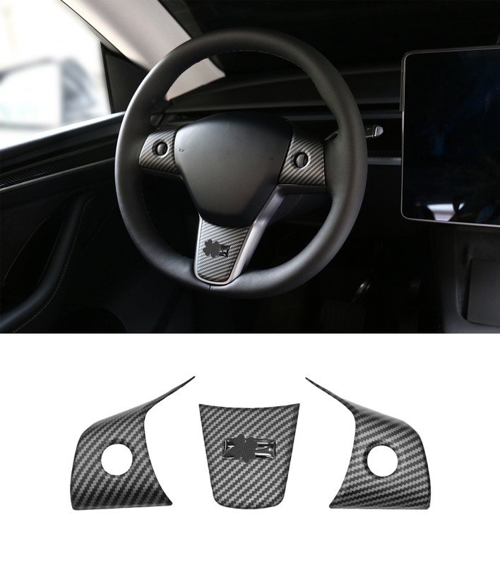 Steering Wheel Panel Wrap Kit Cover Trim For 2017-2023 Tesla 3 Except Highland, 2020-2025 Tesla Y Matte Carbon