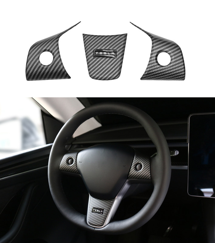 Steering Wheel Panel Wrap Kit Cover Trim For 2017-2023 Tesla 3 Except Highland, 2020-2025 Tesla Y Matte Carbon