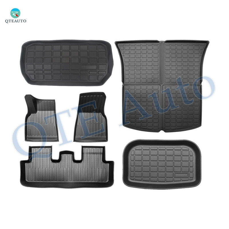 Set of 6 Floor Mats-Front-Rear Trunk Liner-Rear Well Liner TPE Material To 2021-2024 Tesla Y 5 Seat,Must-Have Model Y Accessories To Tesla, All Weather Car Liners Interior Accessories