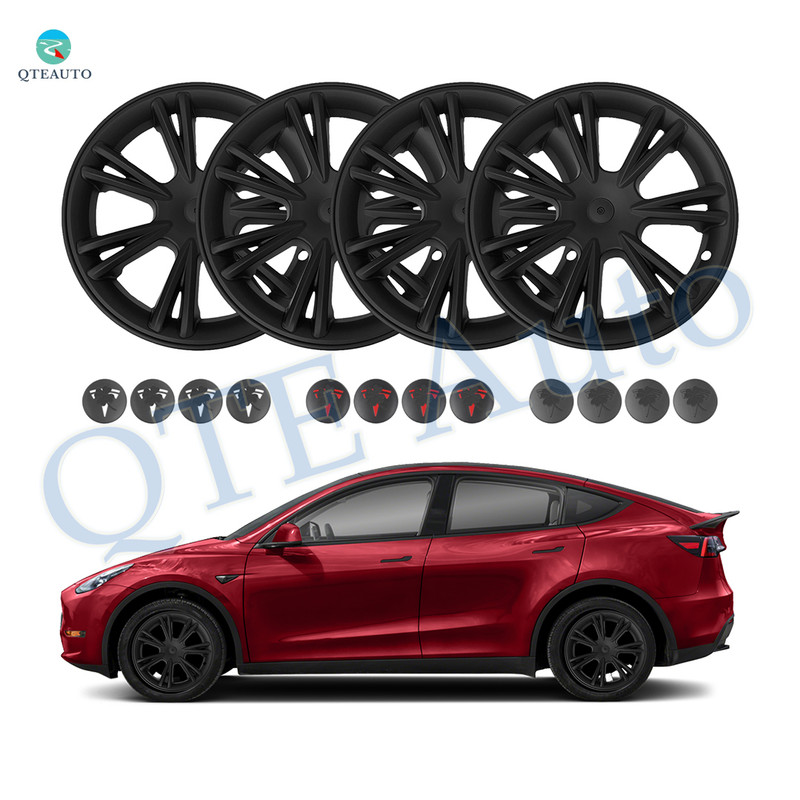 Set of 4 Wheel Covers Sport Hubcaps Matte Black To 2020-2025 Tesla Y 19 inch