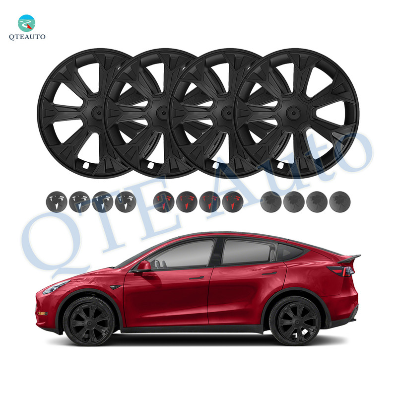 Set of 4 Wheel Covers Tomahawk Hubcaps Matte Black To 2020-2025 Tesla Y 19 inch