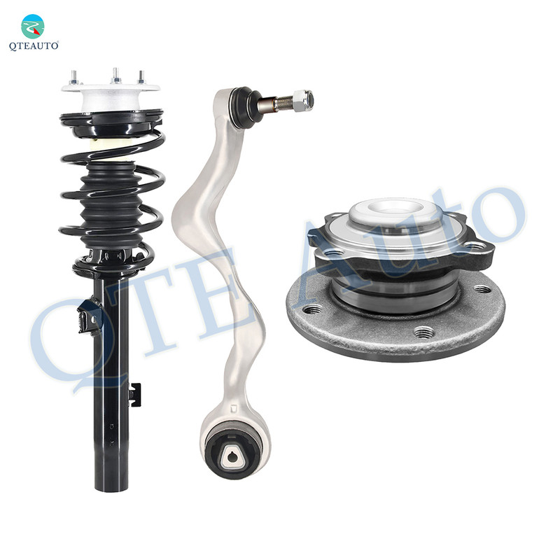 Set of 3 Front Left Lower Forward Control Arm Ball Joint-Wheel Hub Bearing Assembly-Quick Complete Strut-Coil Spring Assembly For 2012 2013 BMW 135I w/ Sport Suspension