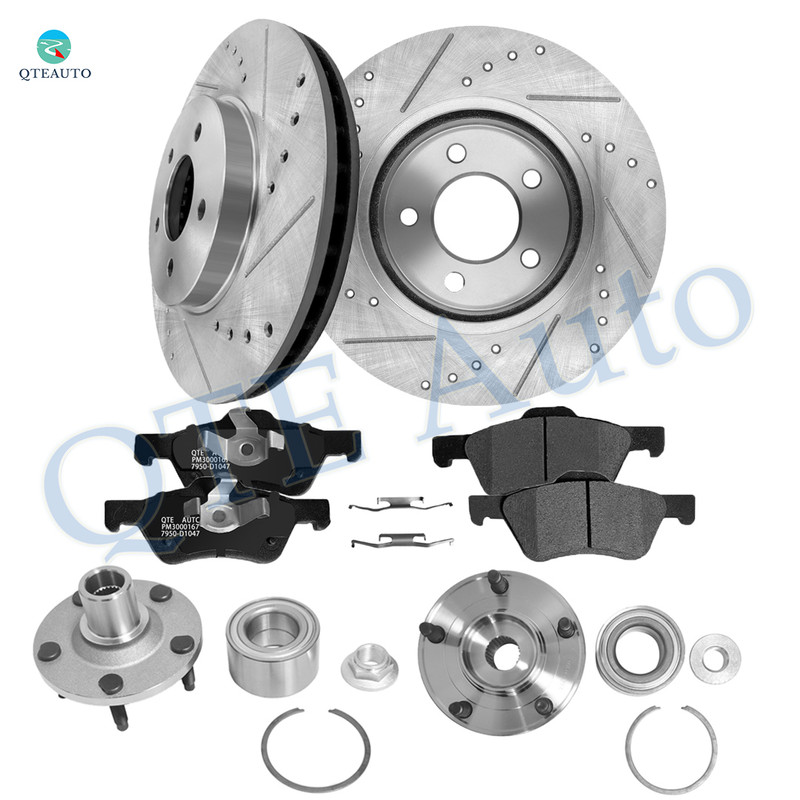 Set of 8 Front 303mm Drilled Slotted Brake Disc Rotors-Ceramic Brake Pad Kit-Wheel Hub Bearing Assembly For 2005 2006 2008-2010 Mazda Tribute