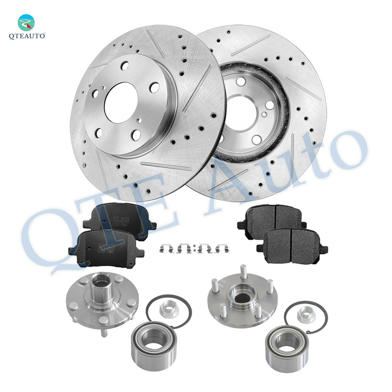 Set of 8 Front 275mm Drilled Slotted Brake Disc Rotors-Ceramic Brake Pad Kit-Wheel Hub Bearing Assembly For 1998-2004 Toyota Avalon