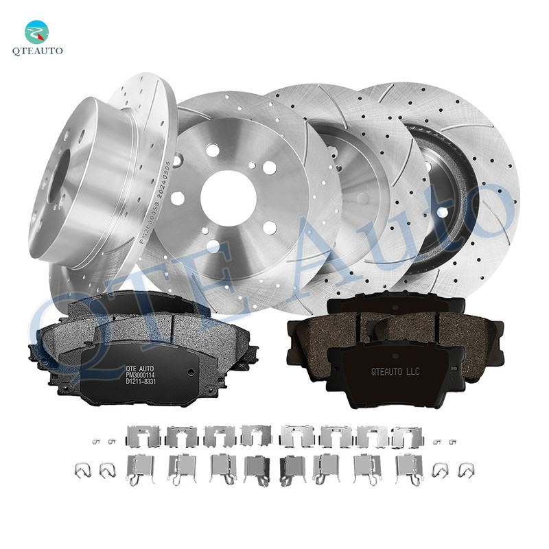 Set of 12 Front 296mm-Rear 281mm Drilled Slotted Brake Rotors-Ceramic Brake Pad Kit For 2006-2018 Toyota RAV4