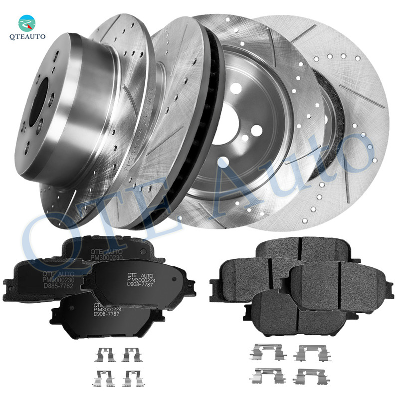 Set of 12 Front 275mm-Rear 269mm Drilled Slotted Brake Disc Rotors-Front D908 7787 Rear D885 7762 Ceramic Brake Pad kit For 2002-2006 Toyota Camry