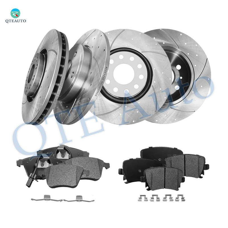 Set of 12 Front 320mm-Rear 288mm Drilled Slotted Brake Disc Rotors-Ceramic Brake Pad Kit For 2005-2009 Audi A4