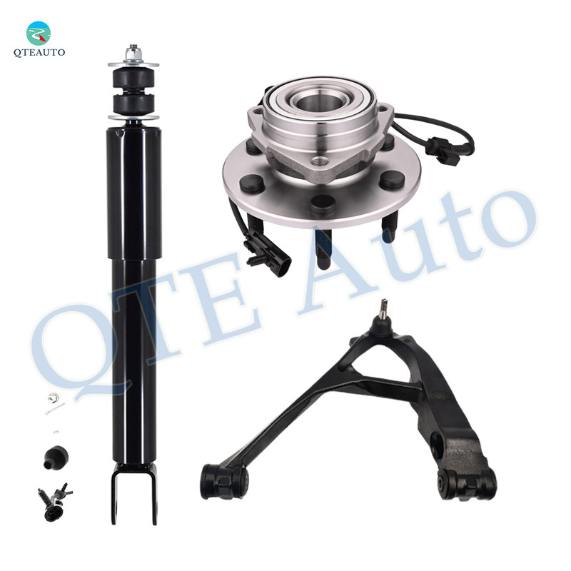 Set of 3 Front Left Lower Control Arm Ball Joint-Wheel Hub Bearing Assembly-Shock Absorber For 2002-2006 Chevrolet Avalanche 1500 Monotube Performance Upgrade