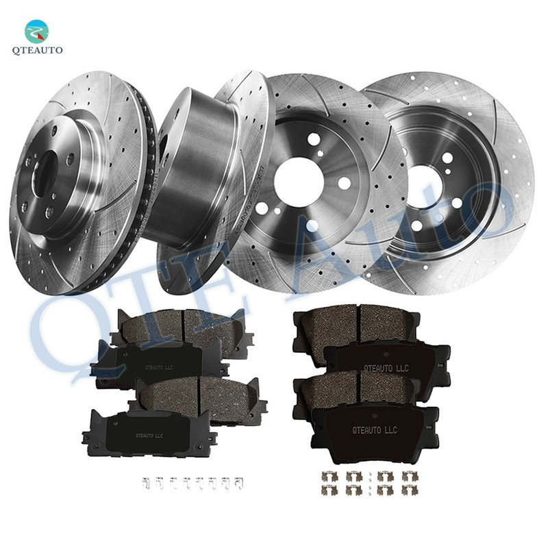 Set of 12 Front 296mm-Rear 281mm Drilled Slotted Brake Disc Rotors-Ceramic Brake Pad Kit For 2013-2018 Lexus ES350
