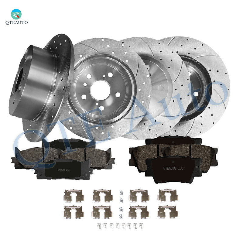 Set of 12 Front 296mm-Rear 281mm Drilled Slotted Brake Disc Rotors-Ceramic Brake Pad Kit For 2008-2011 Toyota Avalon