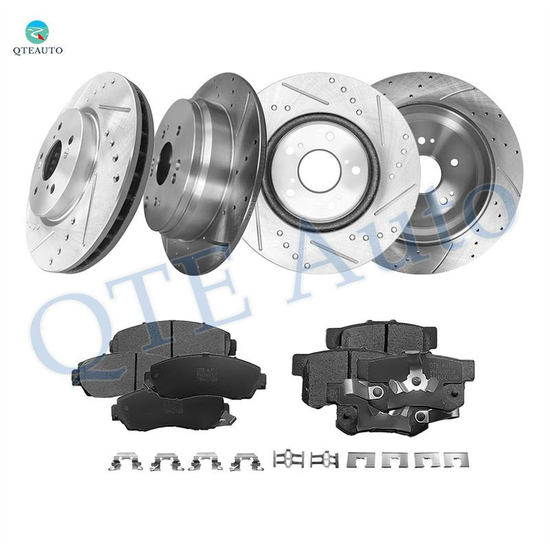 Set of 12 Front 296mm-Rear 305mm Drilled Slotted Brake Disc Rotors-Ceramic Brake Pad Kit For 2010 2011 Honda CR-V