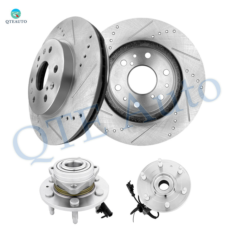 Set of 4 Front 330mm Drilled Slotted Brake Disc Rotors-Wheel Hub Bearing Assembly For 2010-2014 Cadillac Escalade AWD