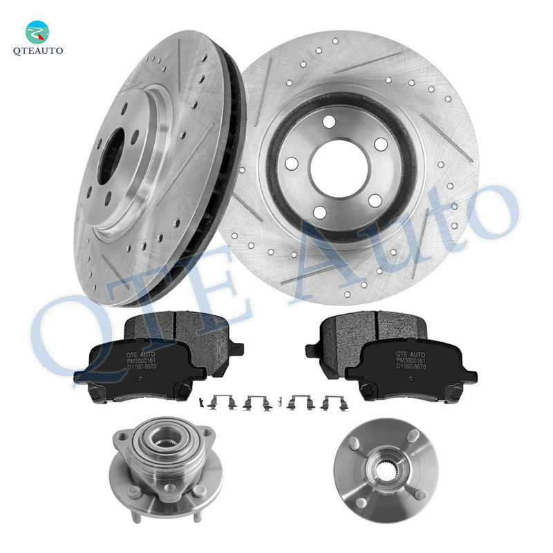 Set of 8 Front 296mm Drilled Slotted Brake Disc Rotors-Ceramic Brake Pad Kit-Wheel Hub Bearing Assembly For 2008 2009 Pontiac G5 Non-ABS