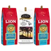 Lion Vanilla Macadamia, Hawaiian Isles Milk Chocolate Macadamia, and Lion Toasted Coconut ground coffee bags standing side by side