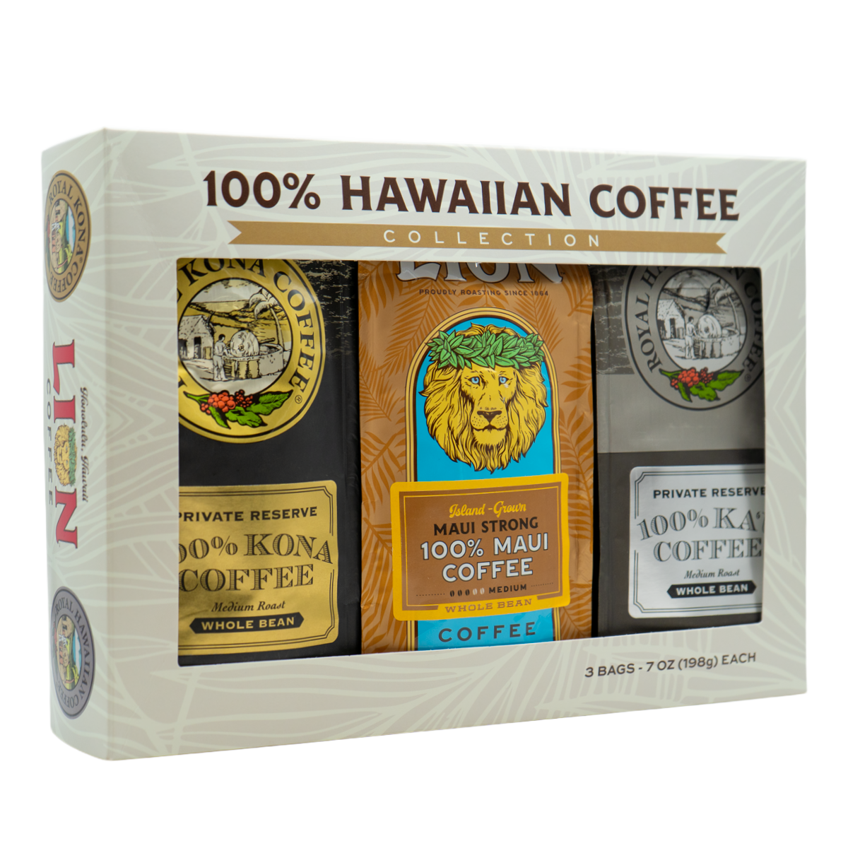 100% Hawaiian Coffee Collection box with Kona, Maui, and Ka‘u coffee bags