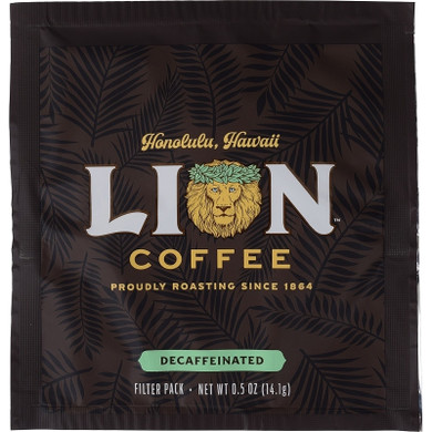 Front of one Lion Gold Decaf Coffee 4-Cup Filter Packet