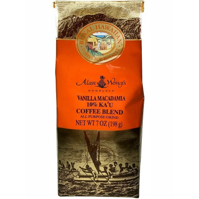 front of one seven ounce bag of Alan Wong's Vanilla Macadamia Nut 10 percent Ka'u Blend Coffee