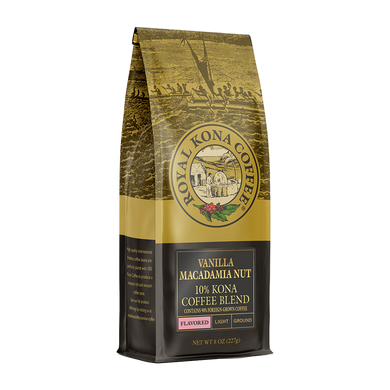 Angled view of one eight ounce bag of Royal Kona Vanilla macadamia ten percent kona coffee, ground. Brown and gold bag