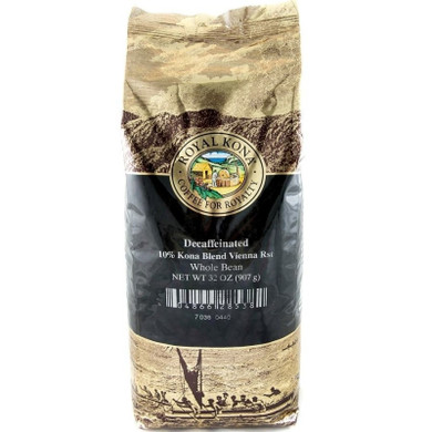 One two pound bag of Royal Kona Decaf Vienna Roast ten percent Kona whole bean coffee. Bag is gold and brown with black label.