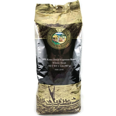 One two pound bag of Royal Kona Decaf Espresso Roast ten percent Kona whole bean coffee. Bag is gold and brown with black label.