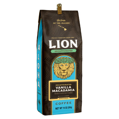one bag of Lion Swiss Water Decaf Vanilla Macadamia  flavor Coffee