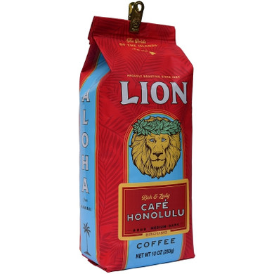 angled view of one ten ounce bag of Lion Cafe Honolulu Coffee