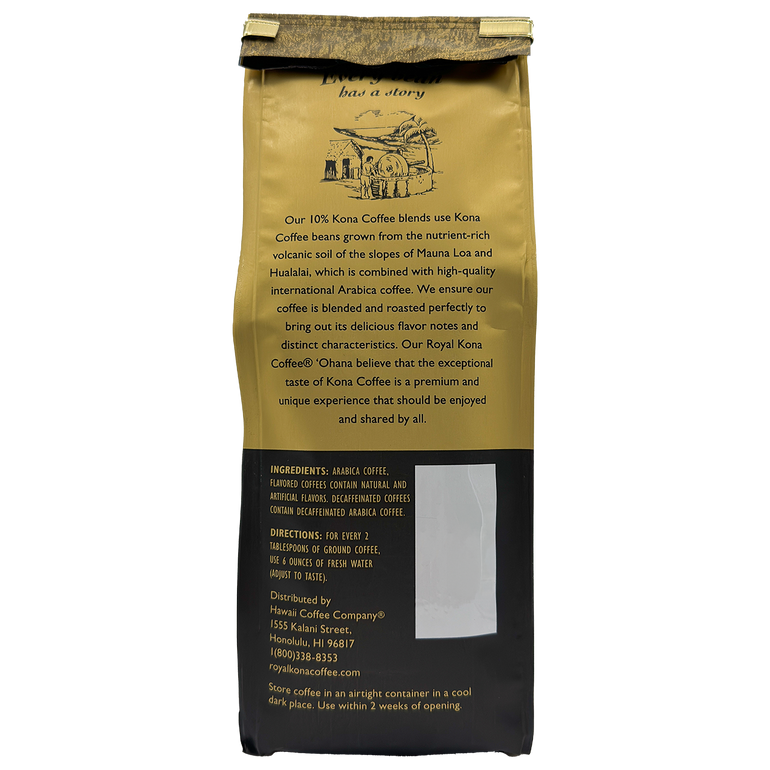 Back view one 8 ounce bag of Toasted Coconut 10 percent Kona Blend Coffee