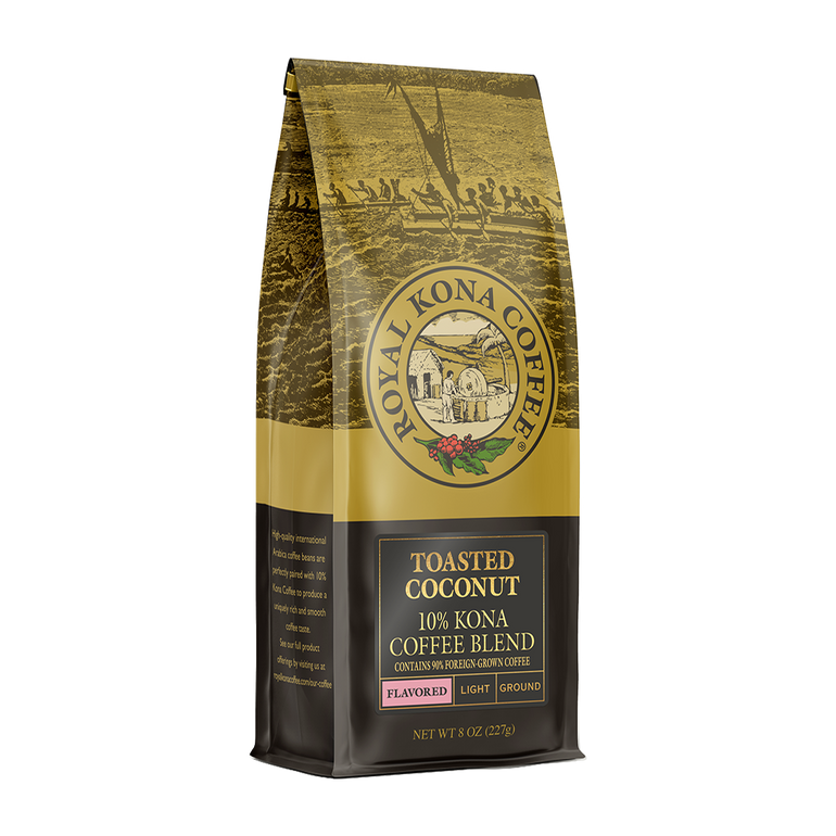 Angled view one 8 ounce bag of Toasted Coconut 10 percent Kona Blend Coffee Angled view one 8 ounce bag of Toasted Coconut 10 percent Kona Blend Coffee