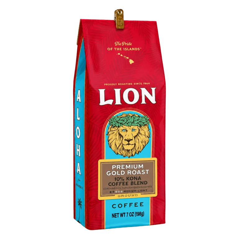 One 7 ounce bag of Lion Premium Gold 10 percent Kona Whole Bean coffee