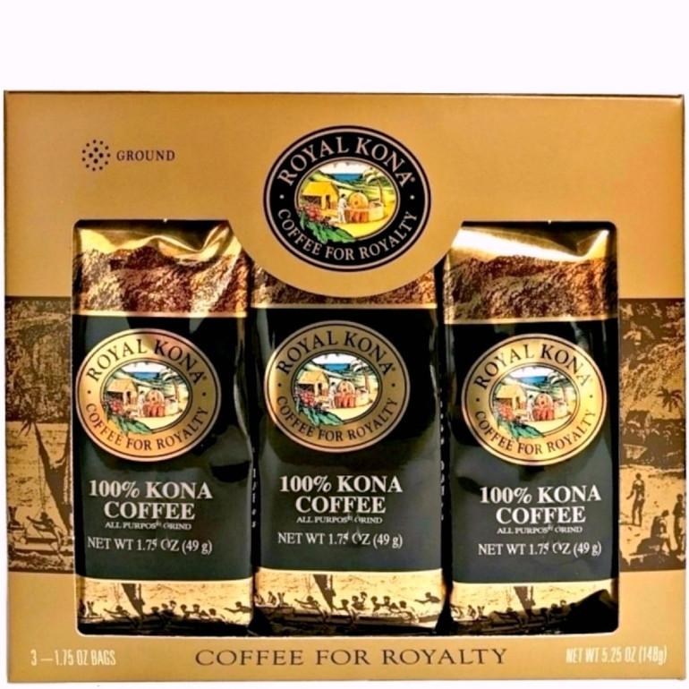 One gold gift box containing three 1.75 ounce bags of 100 percent Kona Coffee. Each bag makes one pot of 100% Kona Coffee.