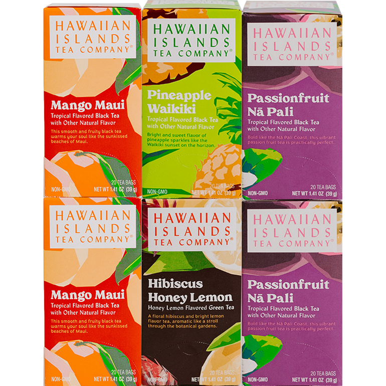 The Favorite Teas Six Box Collection, comprising of six boxes of tropical flavored tea