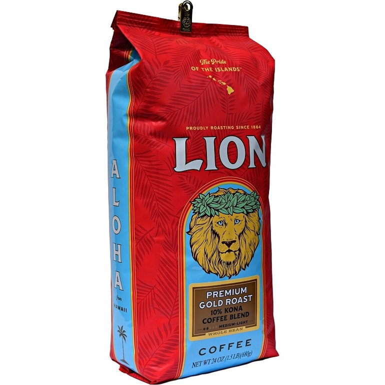 One 24 ounce bag of Lion Premium Gold 10 percent Kona Coffee