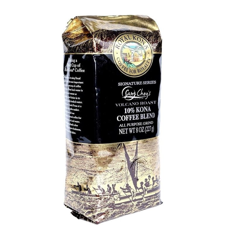 One bag of Royal Kona Sam Choy's Volcano Roast 10% Kona Coffee Blend coffee
