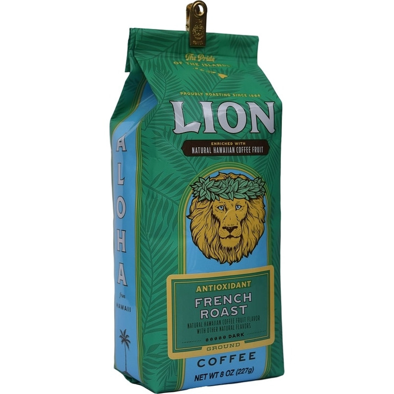 Angled view of one green, eight ounce bag of Lion french roast ground coffee, enriched with coffee fruit Enhanced .