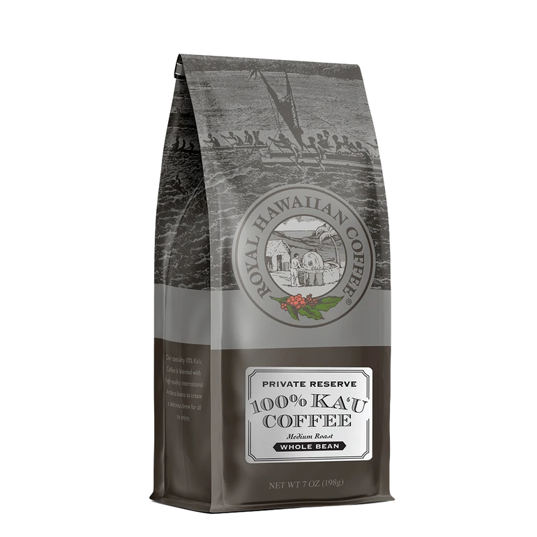 royal kona coffee 100% kau coffee, front of bag