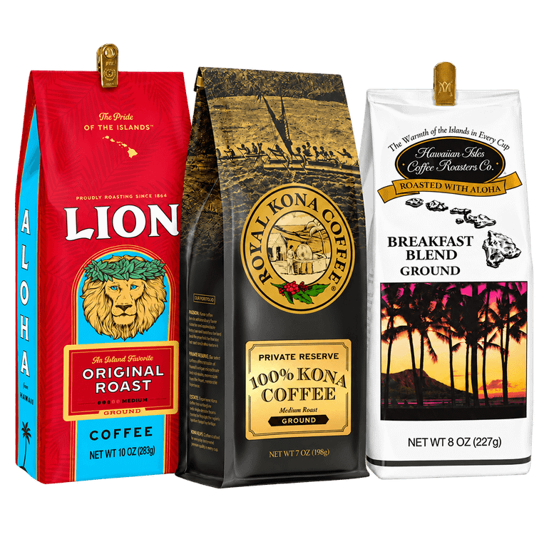Lion Original Roast, Royal Kona Private Reserve 100% Kona Coffee, and Hawaiian Isles Breakfast Blend ground coffee bags standing side by side