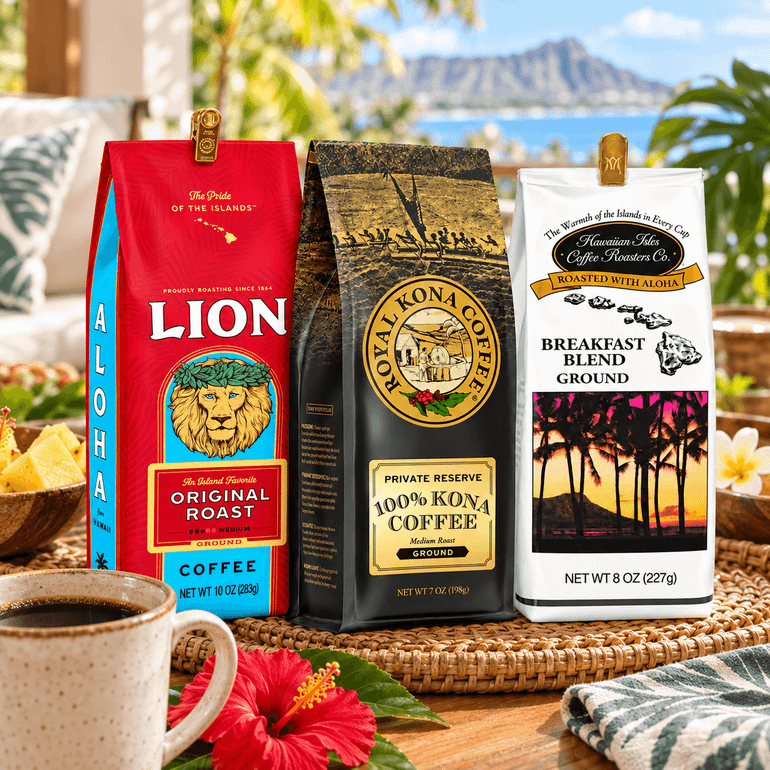 Hawaii Coffee Company gift box open on a table with a view of Diamond Head and the ocean, showing three ground coffee bags next to a steaming mug and the closed outer shipping box
