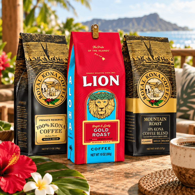 Hawaii Coffee Company gift box open on a table with a view of Diamond Head and the ocean, showing three coffee bags next to a steaming "Aloha Always" mug and the closed outer shipping box
