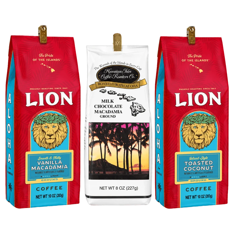 Lion Vanilla Macadamia, Hawaiian Isles Milk Chocolate Macadamia, and Lion Toasted Coconut ground coffee bags standing side by side