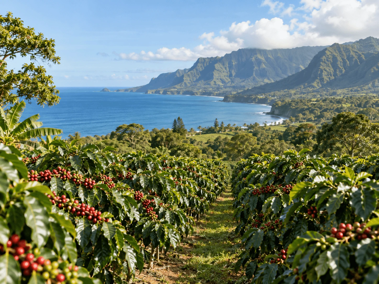 Coffee growing on a hillside in Hawaii